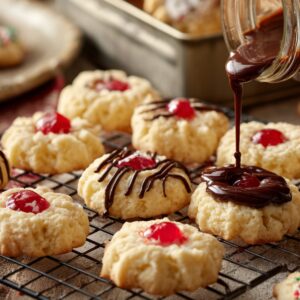 Healthy Whipped Shortbread Cookies Recipe 17 "Freshly baked whipped shortbread cookies on a cooling rack, some topped with maraschino cherries and others drizzled with melted chocolate, with more decorated cookies and a cookie tin in the background."