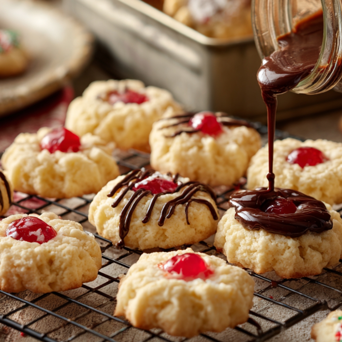 Healthy Whipped Shortbread Cookies Recipe 12 "Freshly baked whipped shortbread cookies on a cooling rack, some topped with maraschino cherries and others drizzled with melted chocolate, with more decorated cookies and a cookie tin in the background."