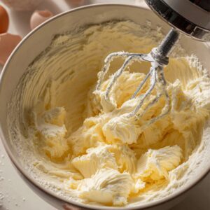 Healthy Whipped Shortbread Cookies Recipe 15 "A mixing bowl filled with fluffy whipped butter and powdered sugar, with a hand mixer inside and baking ingredients like butter, eggs, and sugar arranged around the bowl on the counter."