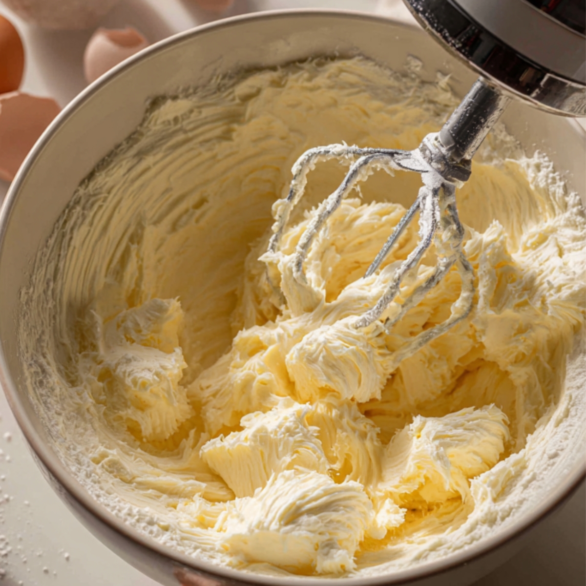 Healthy Whipped Shortbread Cookies Recipe 10 "A mixing bowl filled with fluffy whipped butter and powdered sugar, with a hand mixer inside and baking ingredients like butter, eggs, and sugar arranged around the bowl on the counter."