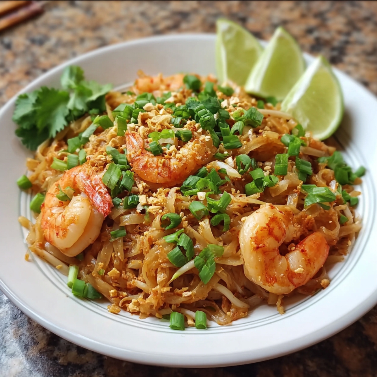 A plate of shrimp Pad Thai topped with chopped green onions and crushed peanuts, served with lime wedges and fresh cilantro.