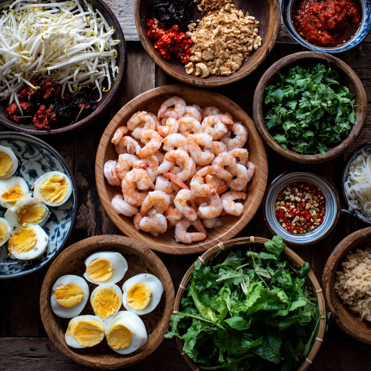 A top-down display of Pad Thai ingredients, including cooked shrimp, boiled eggs, bean sprouts, chopped herbs, chili flakes, peanuts, sauces, and fresh greens arranged in wooden and ceramic bowls.