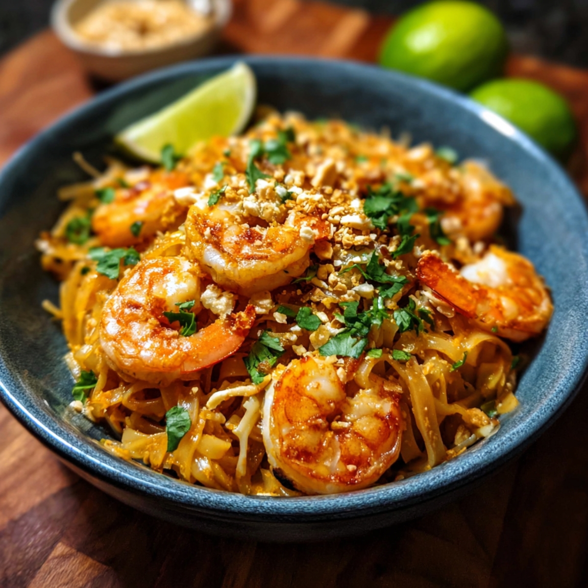 A plate of shrimp Pad Thai topped with chopped green onions and crushed peanuts, served with lime wedges and fresh cilantro.