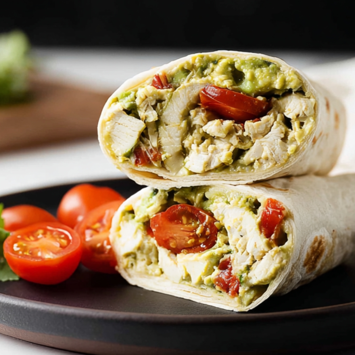 Avocado Chicken Wrap Close-up of an avocado chicken wrap cut in half on a dark plate, filled with shredded chicken, avocado, and cherry tomatoes.