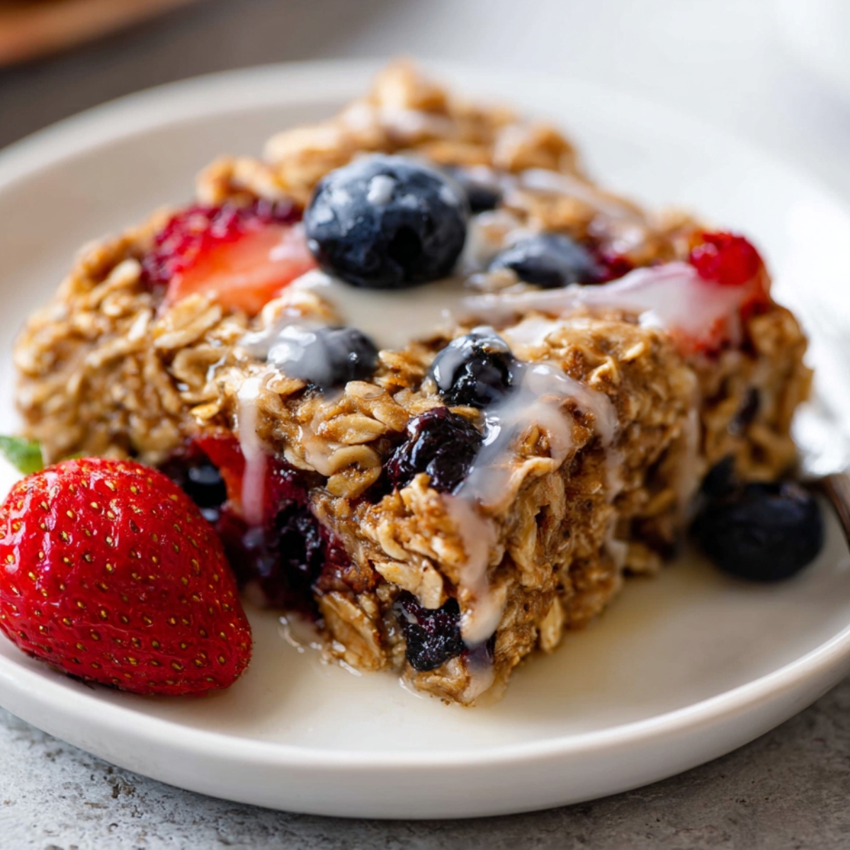 Close-up of a slice of berry baked oatmeal drizzled with milk, topped with strawberries and blueberries on a white plate.