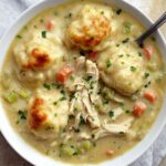 Bisquick Chicken And Dumplings A bowl of creamy Bisquick chicken and dumplings featuring tender shredded chicken, soft vegetables, and fluffy golden dumplings garnished with fresh parsley.