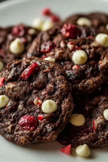 Black Forest Cookies Recipe | Easy Chocolate Cherry 1 Black Forest Cookies A plate filled with freshly baked black forest cookies, topped with red cherries and white chocolate chips, looking soft and delicious