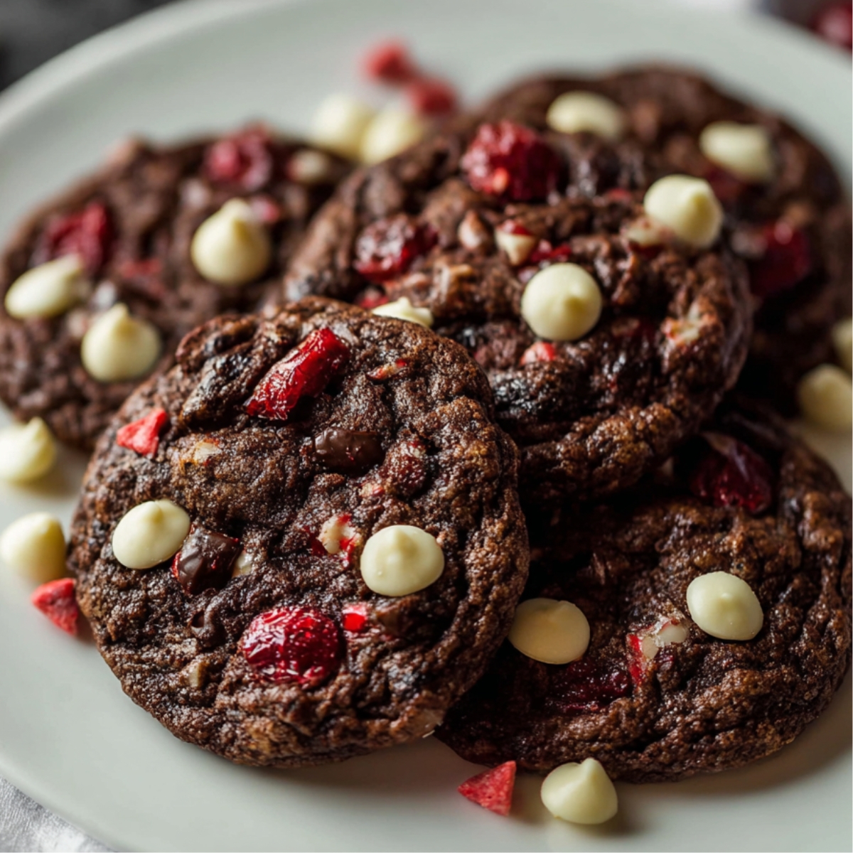 Black Forest Cookies A plate filled with freshly baked black forest cookies, topped with red cherries and white chocolate chips, looking soft and delicious