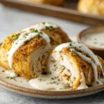 Chicken Pillows Golden baked chicken pillow cut open and topped with creamy gravy, showing the rich chicken filling inside.