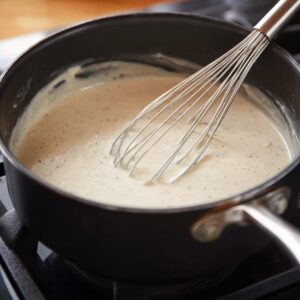 Healthy Chicken Pillows Recipe | Ready in 30 Minutes 19 Creamy chicken gravy being whisked in a saucepan on the stovetop until smooth and heated through.