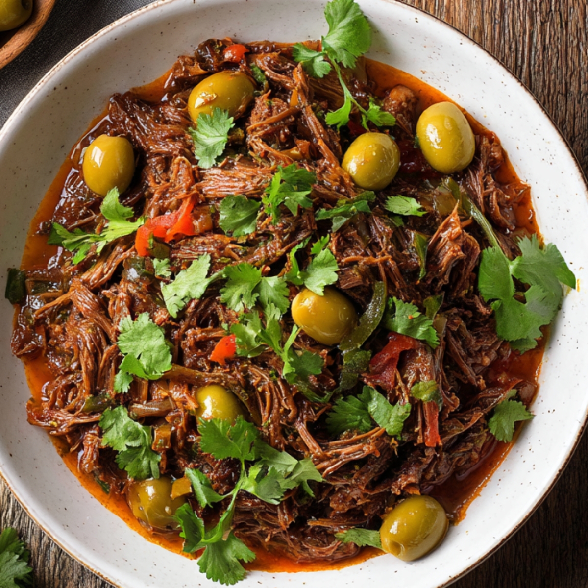 Cuban Ropa Vieja Another shot of the final Cuban Ropa Vieja dish, beautifully garnished with fresh cilantro, green olives, and red peppers, making it look both delicious and appetizing.