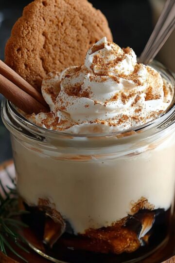 Easy Gingerbread White Russian Recipe - Holiday Cocktail 2 Gingerbread White Russian A festive gingerbread white Russian cocktail topped with whipped cream, a gingerbread cookie resting on top, cinnamon sticks garnish, creamy texture, holiday dessert drink, glass jar on wooden coaster, dark moody background, warm tones, cinematic lighting, ultra realistic food photography, high resolution, shallow depth of field