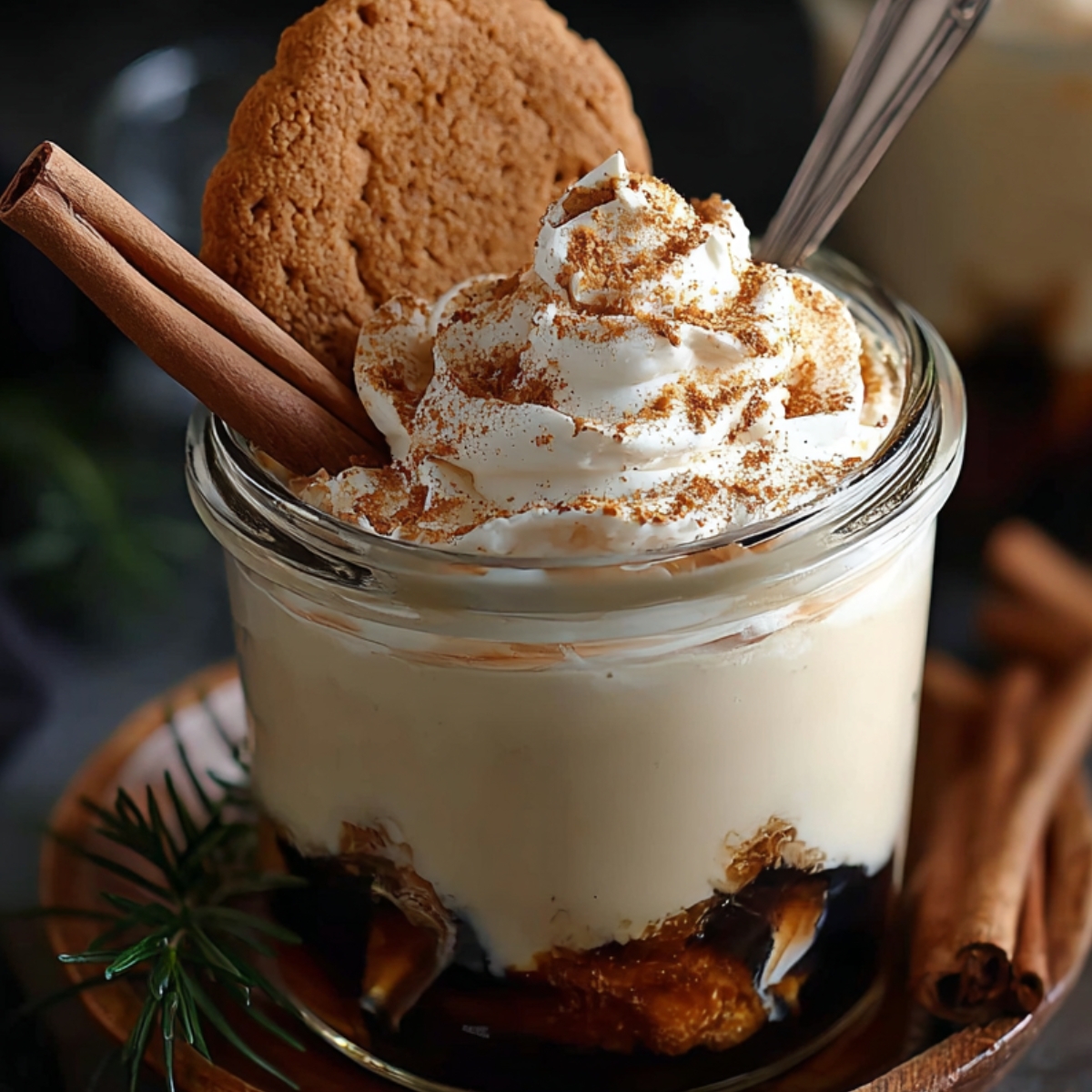 Gingerbread White Russian A festive gingerbread white Russian cocktail topped with whipped cream, a gingerbread cookie resting on top, cinnamon sticks garnish, creamy texture, holiday dessert drink, glass jar on wooden coaster, dark moody background, warm tones, cinematic lighting, ultra realistic food photography, high resolution, shallow depth of field