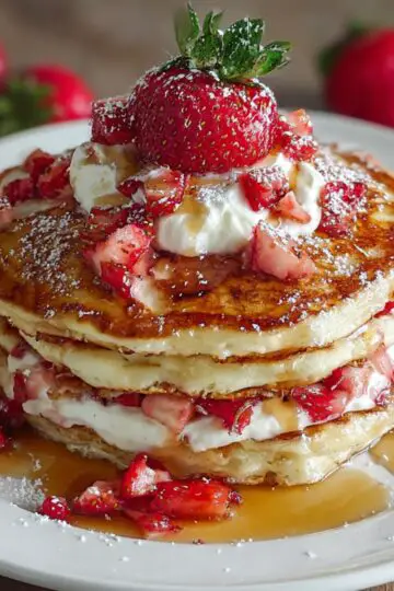 Best Strawberry Pancakes Recipe In 30 Minutes 21 Strawberry Pancakes Thick stack of strawberry pancakes layered with whipped cream and diced strawberries, finished with powdered sugar and maple syrup.