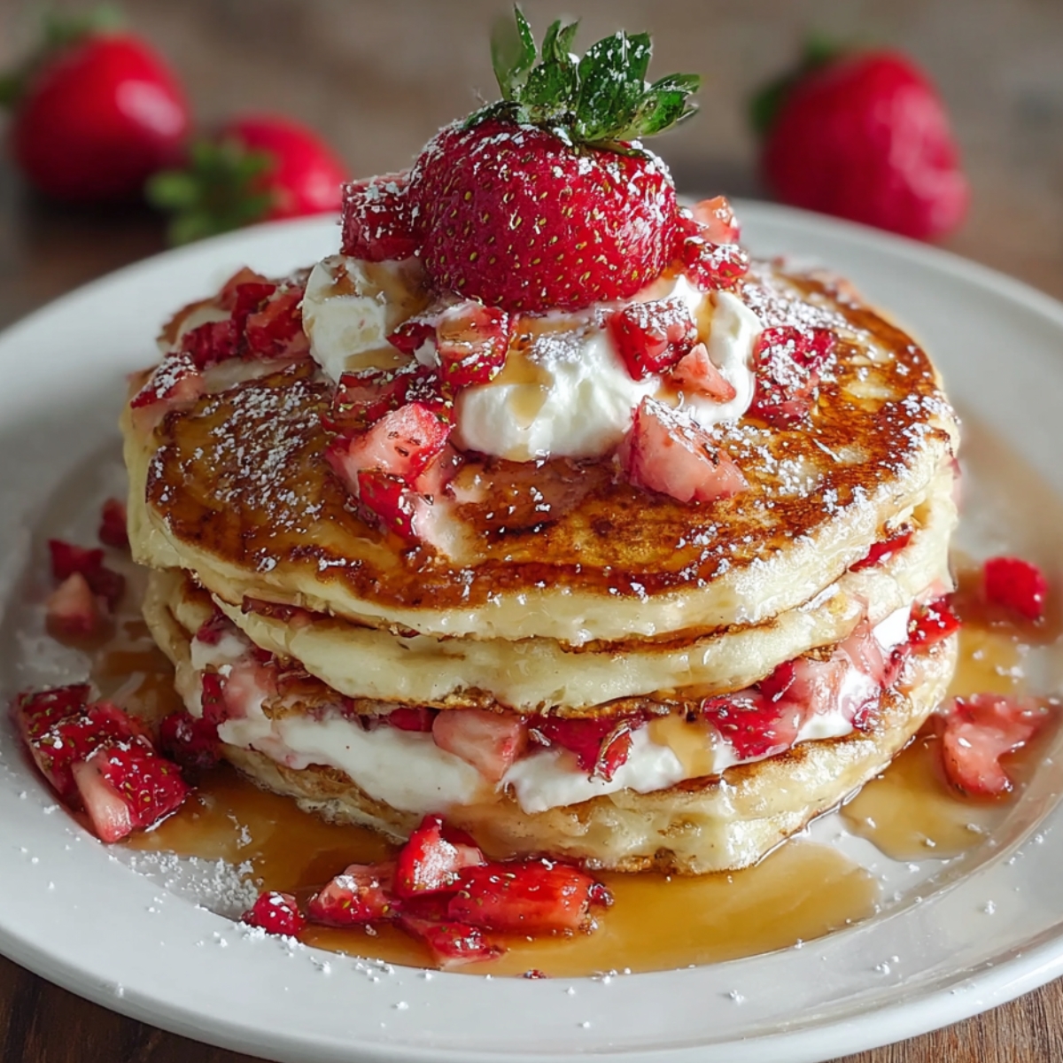 Strawberry Pancakes Thick stack of strawberry pancakes layered with whipped cream and diced strawberries, finished with powdered sugar and maple syrup.