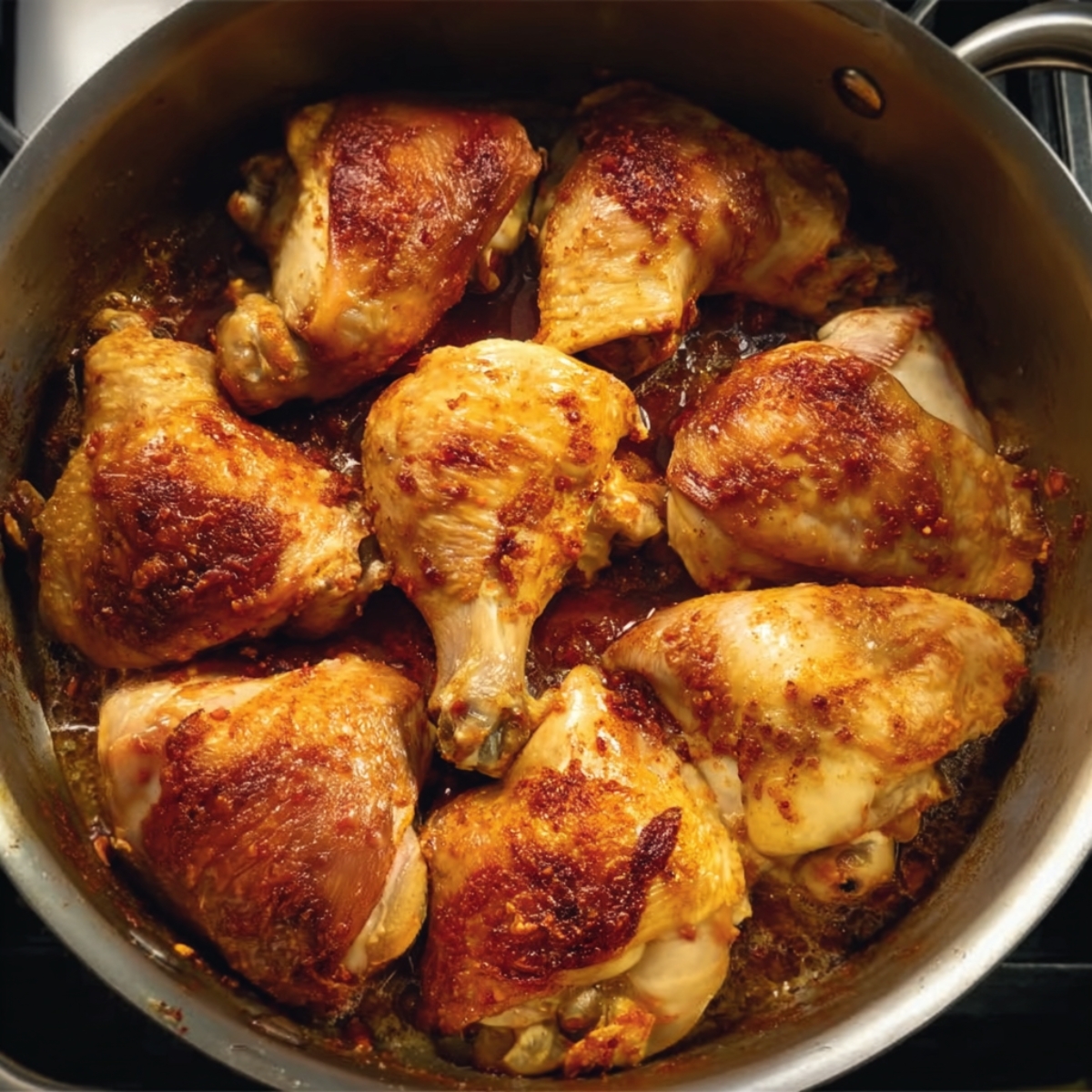 Easy Chicken Paprikash Recipe | Traditional Hungarian 12 Golden-brown chicken pieces arranged in a pot before simmering, seasoned with paprika and ready to be cooked in sauce