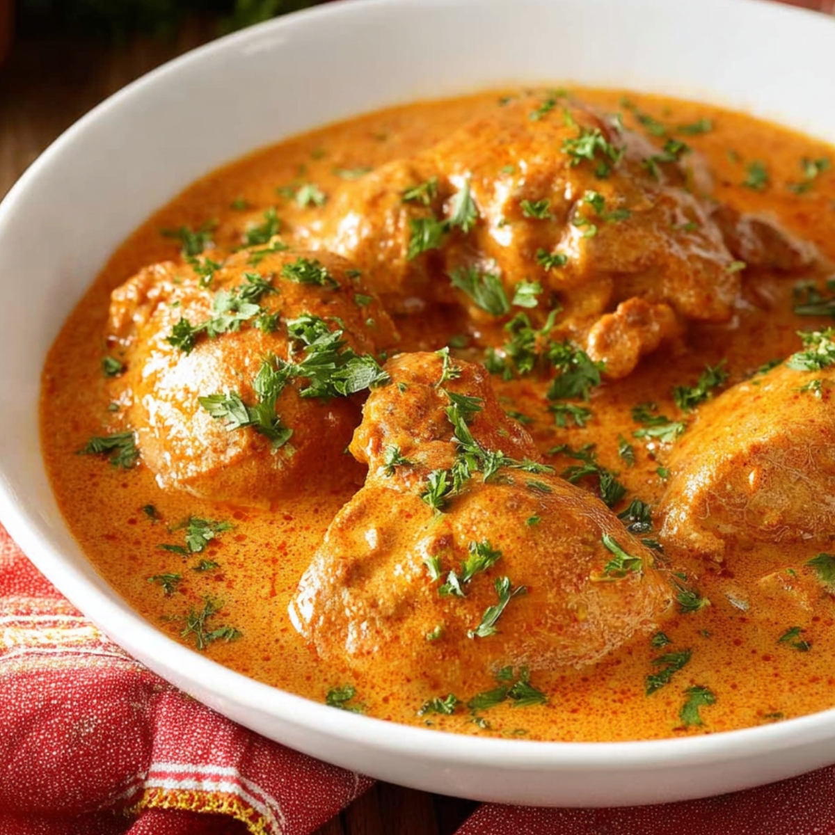 Easy Chicken Paprikash Recipe | Traditional Hungarian 13 Traditional Hungarian chicken paprikash served in a creamy paprika sauce, tender chicken pieces garnished with fresh parsley in a white bowl on a rustic wooden table