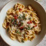 French Onion Pasta Creamy farfalle pasta served in a white bowl, topped with grated cheese, fresh herbs, and red pepper flakes.