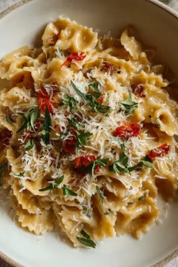 Best French Onion Pasta Recipe In 30 Minutes 21 French Onion Pasta Creamy farfalle pasta served in a white bowl, topped with grated cheese, fresh herbs, and red pepper flakes.