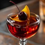 A Black Manhattan Recipe garnished with a Luxardo cherry and a twist of orange peel, served in a coupe glass in a dimly lit bar setting.
