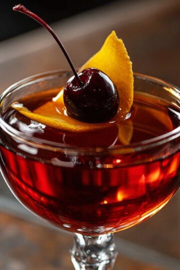 Delicious Black Manhattan Recipe 19 A Black Manhattan Recipe garnished with a Luxardo cherry and a twist of orange peel, served in a coupe glass in a dimly lit bar setting.