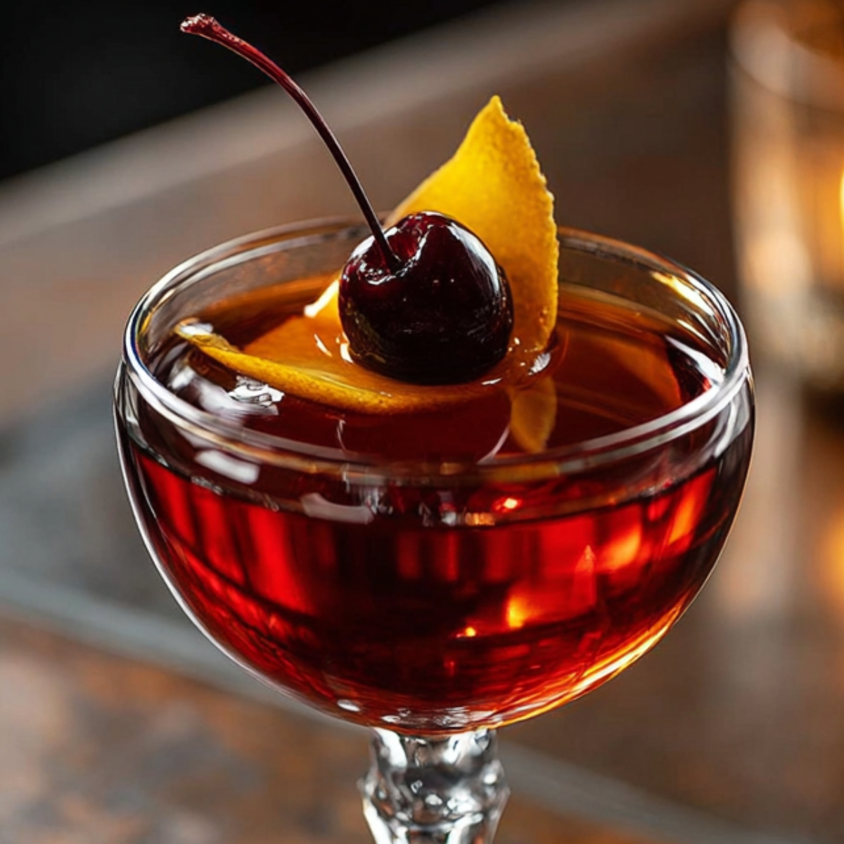 A Black Manhattan Recipe garnished with a Luxardo cherry and a twist of orange peel, served in a coupe glass in a dimly lit bar setting.