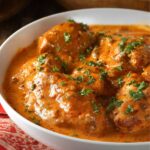 Chicken Paprikash Traditional Hungarian chicken paprikash served in a creamy paprika sauce, tender chicken pieces garnished with fresh parsley in a white bowl on a rustic wooden table