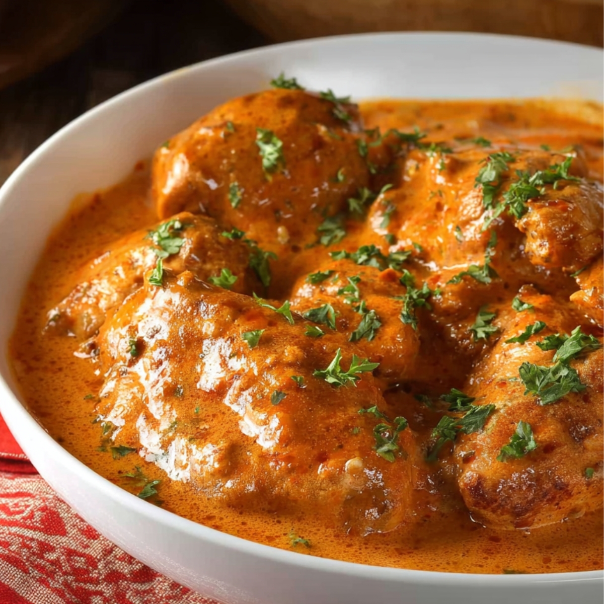 Chicken Paprikash Traditional Hungarian chicken paprikash served in a creamy paprika sauce, tender chicken pieces garnished with fresh parsley in a white bowl on a rustic wooden table