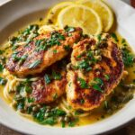 Chicken Piccata Sliced pan-seared chicken breast served over spaghetti coated in lemon-caper sauce, garnished with fresh parsley and a lemon slice.