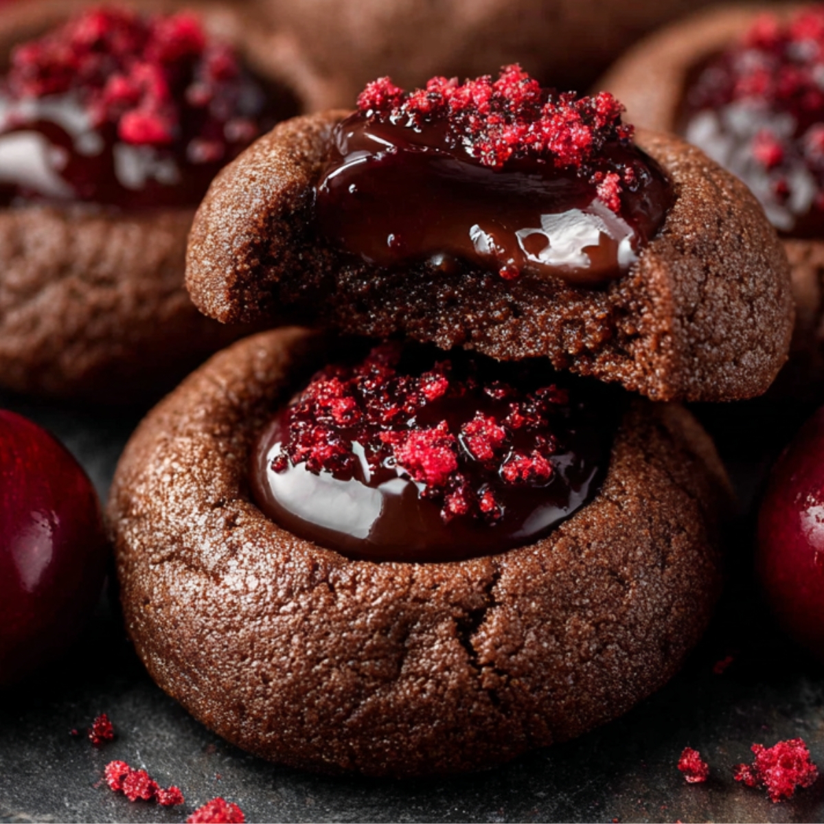 Chocolate Cherry Cookies Bitten chocolate thumbprint cookie with melted chocolate center and red topping, cherries in the background.