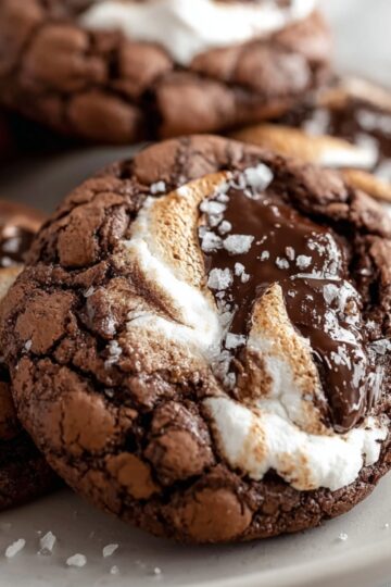 Healthy Chocolate Marshmallow Swirl Cookies Recipe 21 "A close-up view of chocolate marshmallow swirl cookies on a plate, highlighting the melted chocolate and marshmallow with a dash of sea salt on top."