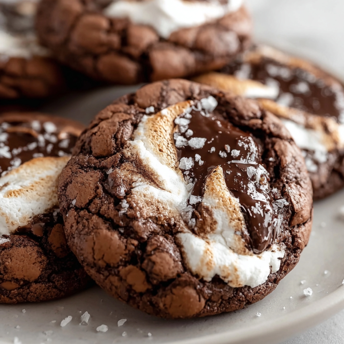 "A close-up view of chocolate marshmallow swirl cookies on a plate, highlighting the melted chocolate and marshmallow with a dash of sea salt on top."