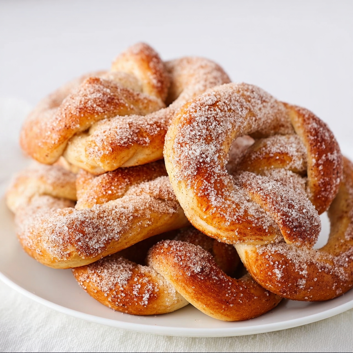 Cinnamon Sugar Soft Pretzels Close-up of soft cinnamon sugar pretzels piled on a plate, showing fluffy texture and sugar coating.