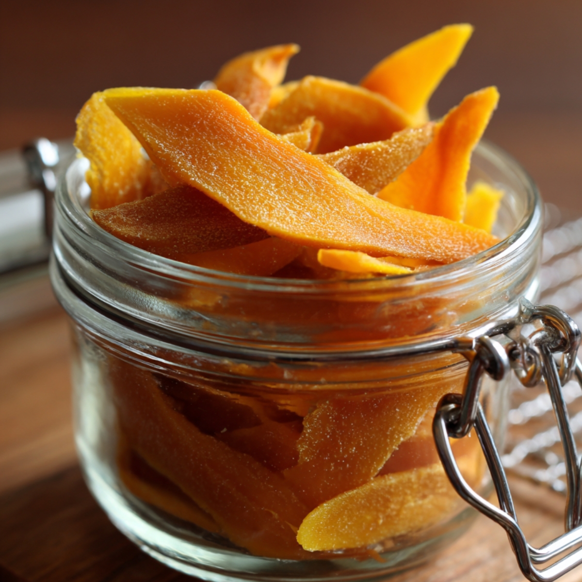 Dehydrated Mango A glass jar filled with bright orange dried mango slices, sitting on a wooden board with a metal clasp and a cooling rack in the background.