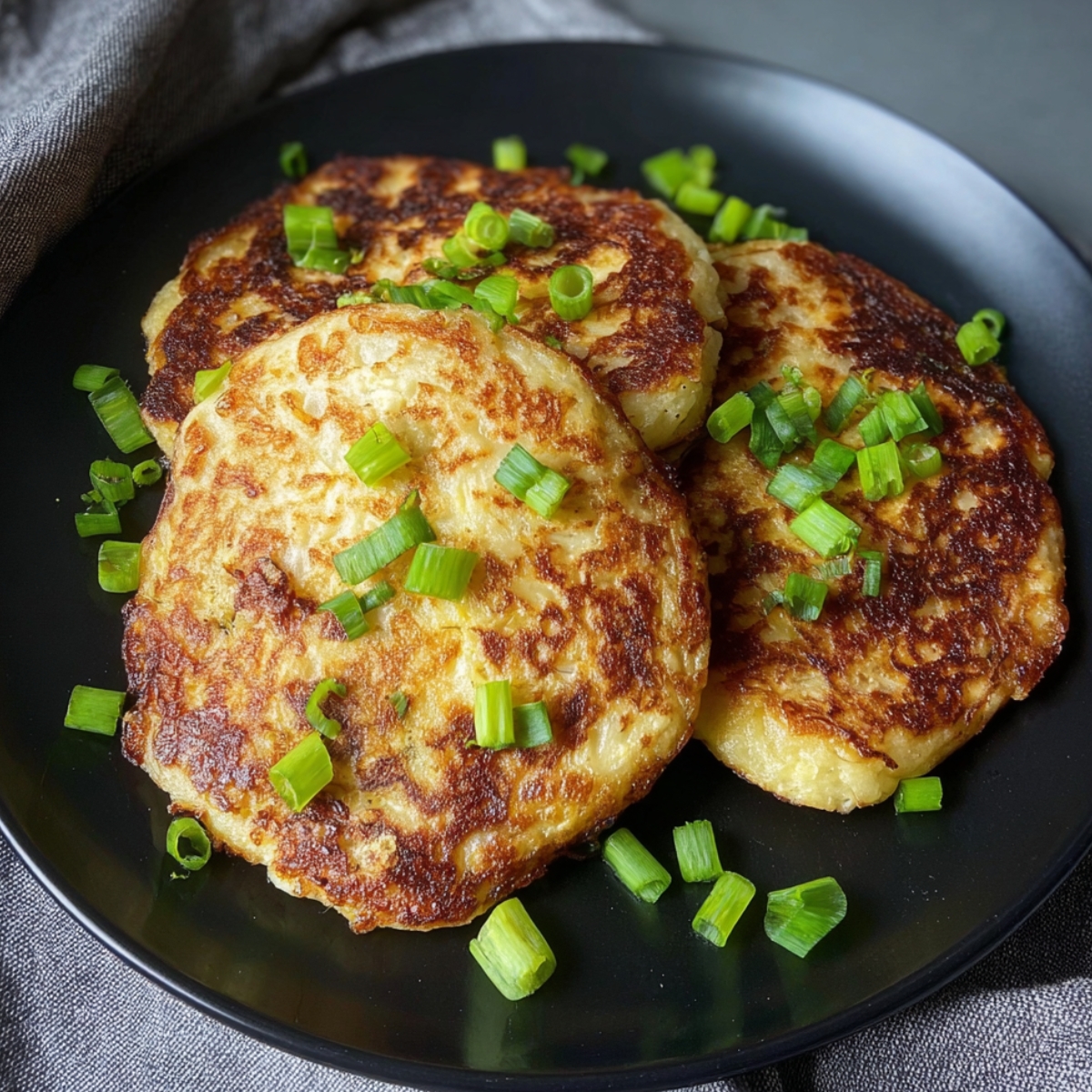 Irish Potato Pancakes Three crispy golden boxty pancakes topped with green onions on a black plate. The pancakes are perfectly browned and fluffy inside.