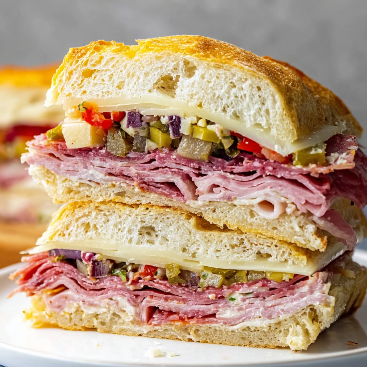 Italian Muffuletta Sandwich A thick slice of muffaletta sandwich stacked on a white plate, showing layers of salami, ham, provolone cheese, and olive salad.