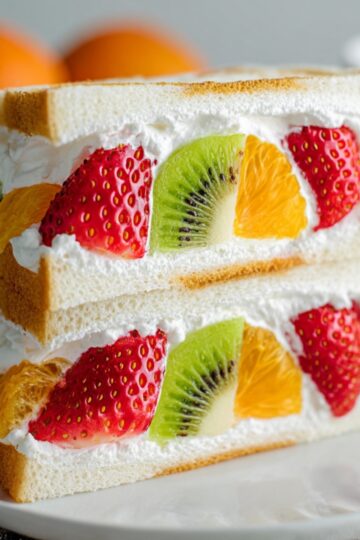 Japanese fruit sandwich A mouth-watering fruit sandwich with layers of juicy strawberries, vibrant kiwi, and orange segments, all held together by creamy whipped filling.