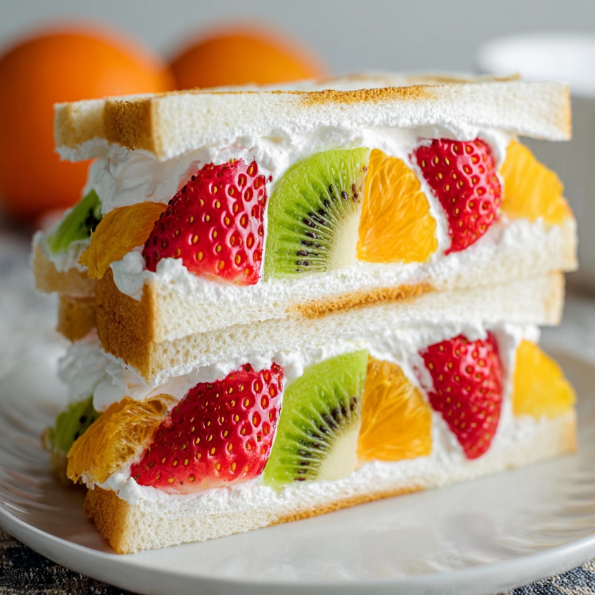 Japanese fruit sandwich A mouth-watering fruit sandwich with layers of juicy strawberries, vibrant kiwi, and orange segments, all held together by creamy whipped filling.