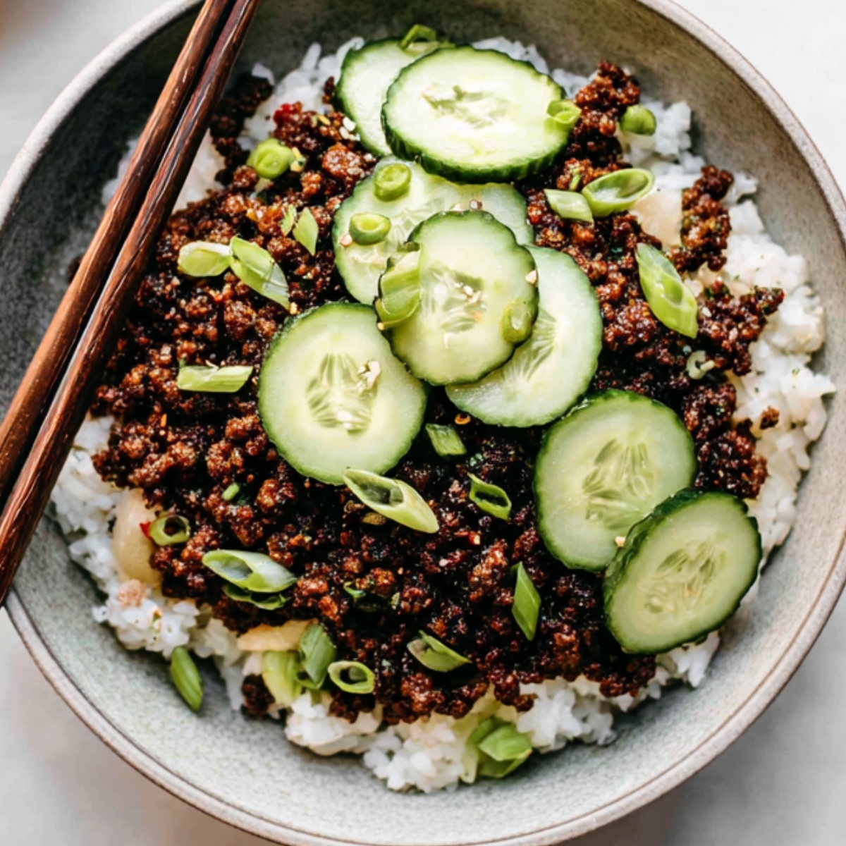 Korean ground beef served over white rice, topped with sliced cucumbers and green onions, with chopsticks on the bowl.