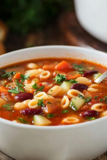 Easy Minestrone Soup Recipe | Better Than Restaurant 5 Minestrone Soup Bowl of homemade minestrone soup with pasta, beans, vegetables, and fresh parsley, ready to serve.