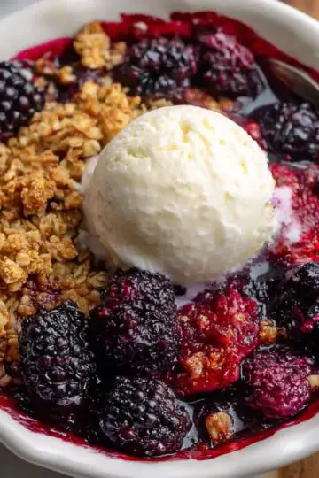 Mixed Berry Crisp With Frozen Berries Warm mixed berry crisp in a small dish topped with vanilla ice cream, showing bubbling berries, golden oat crumble, and a spoon on the side.