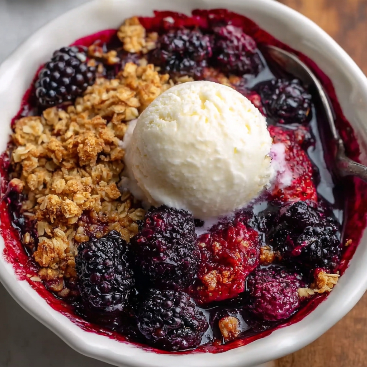 Mixed Berry Crisp With Frozen Berries Warm mixed berry crisp in a small dish topped with vanilla ice cream, showing bubbling berries, golden oat crumble, and a spoon on the side.