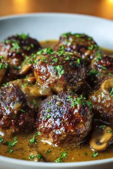 Salisbury Steak Meatballs Golden-browned meatballs coated in rich mushroom gravy, garnished with chopped parsley and served in a shallow bowl.