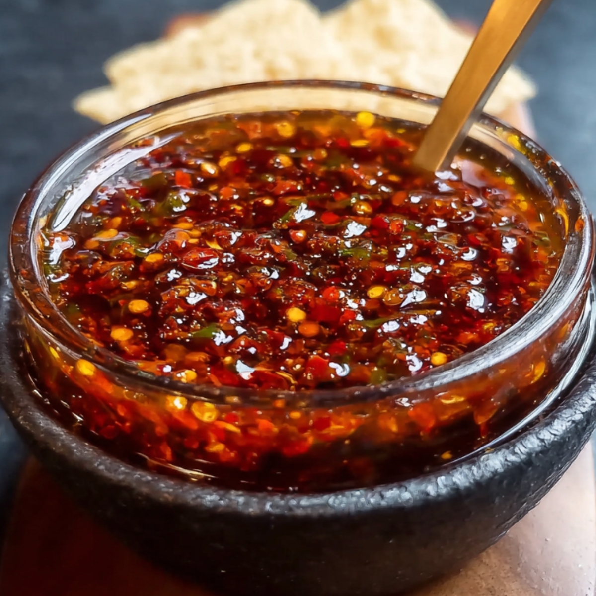 A close-up of salsa macha in a small stoneware bowl, with chili flakes, oil, and spices visible. A golden spoon is placed inside, ready to stir the flavorful mixture.