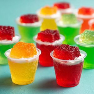 A close-up of colorful jello shots arranged in a group. The shots are topped with whipped cream and vibrant, gummy candy cubes in colors like orange, red, and green, making them visually appealing and fun for a party or gathering.