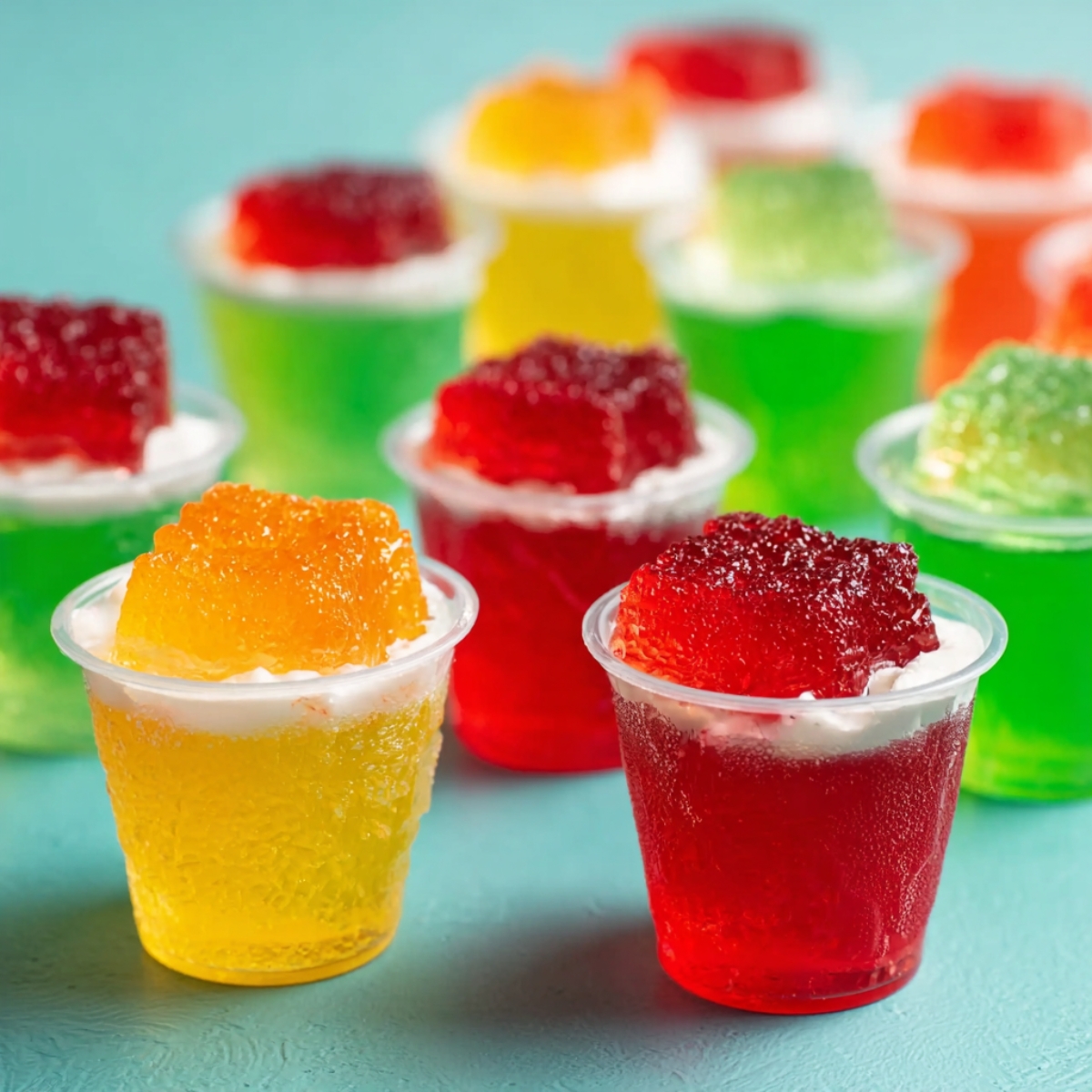A close-up of colorful jello shots arranged in a group. The shots are topped with whipped cream and vibrant, gummy candy cubes in colors like orange, red, and green, making them visually appealing and fun for a party or gathering.