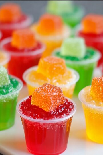 Sour Patch Jello Shots A close-up of colorful jello shots arranged in a group. The shots are topped with whipped cream and vibrant, gummy candy cubes in colors like orange, red, and green, making them visually appealing and fun for a party or gathering.
