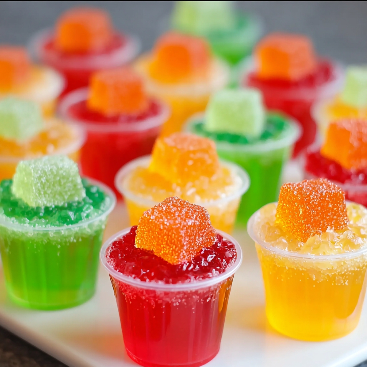 Sour Patch Jello Shots A close-up of colorful jello shots arranged in a group. The shots are topped with whipped cream and vibrant, gummy candy cubes in colors like orange, red, and green, making them visually appealing and fun for a party or gathering.