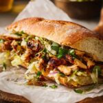 A chicken torta sandwich filled with grilled chicken, shredded lettuce, onions, and herbs on crusty bread.