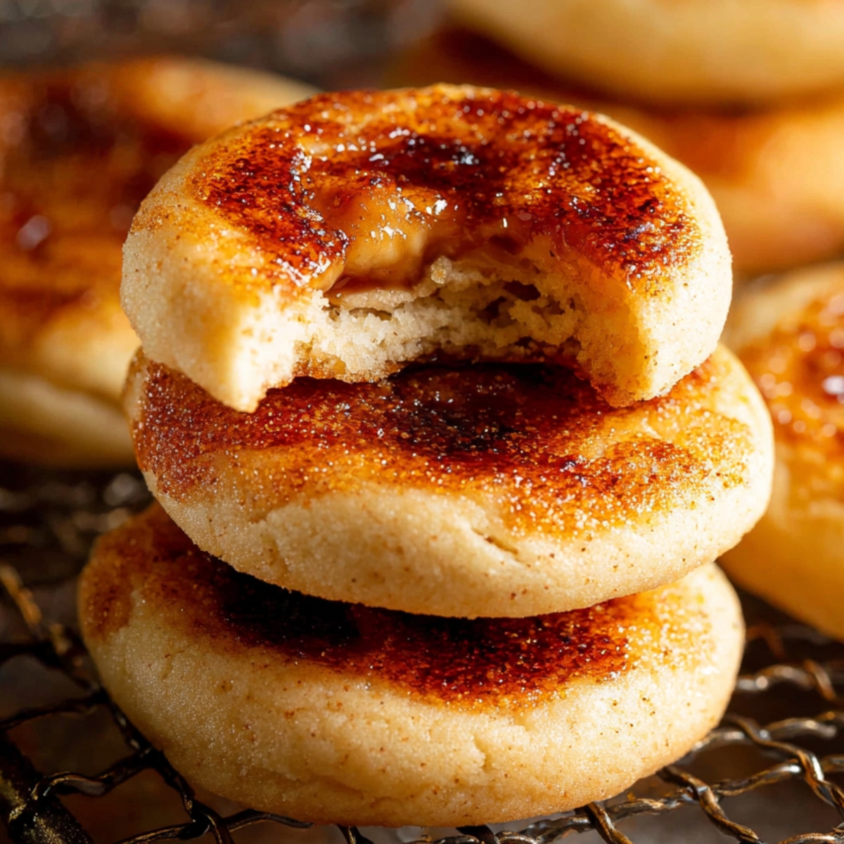 creme brûlée cookies stacked on a wire rack, topped with caramelized sugar, with one cookie bitten to show a soft buttery interior.